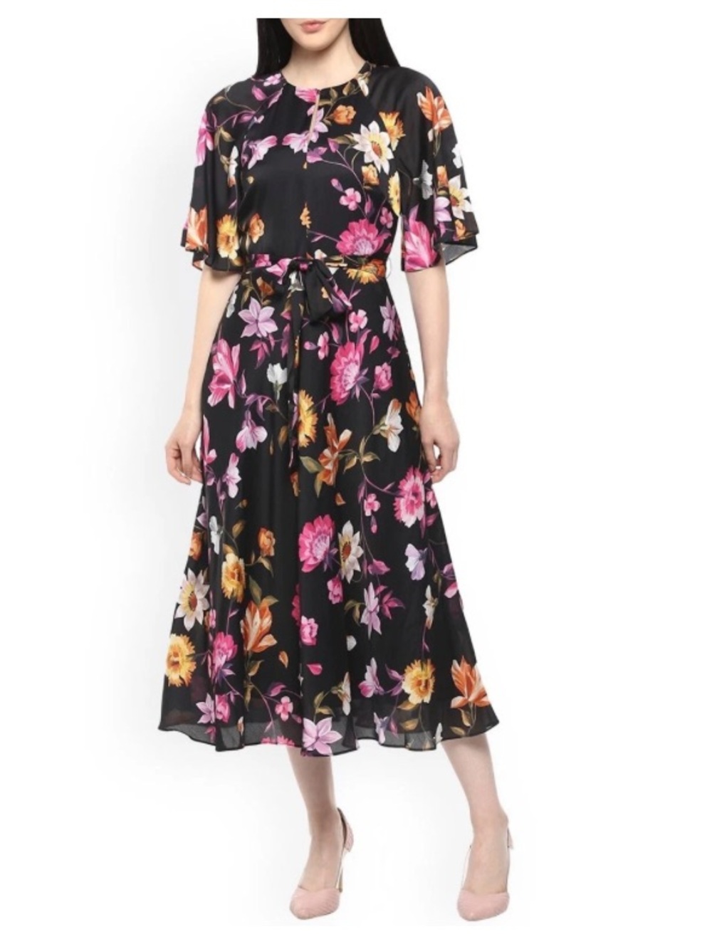 Ted Baker London Black Floral Midi Dress with Pink & Yellow Blooms size 8